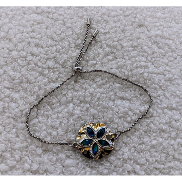Dainty Silvertone Abalone Sand Dollar Bolo Bracelet - Picture 1 of 9